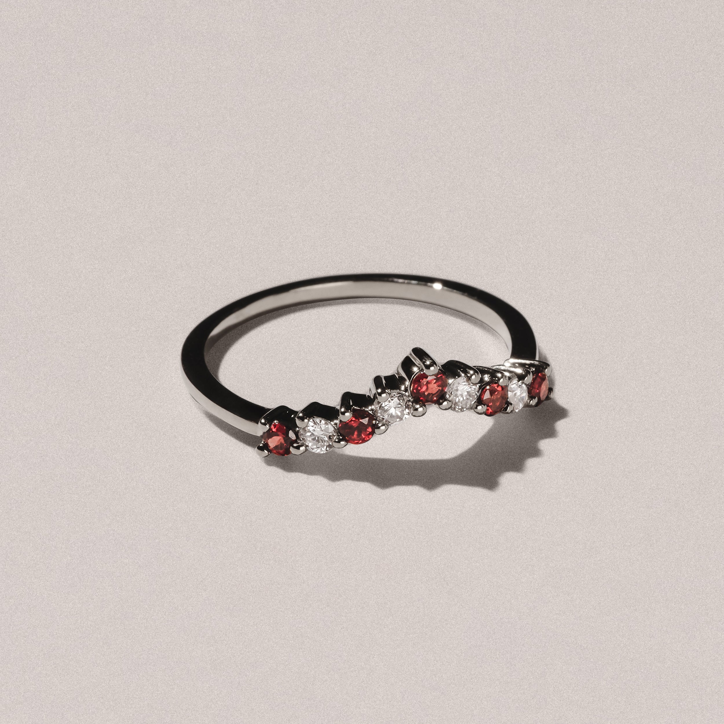 Garnet and Lab Diamond Wishbone Ring in 9K White Gold